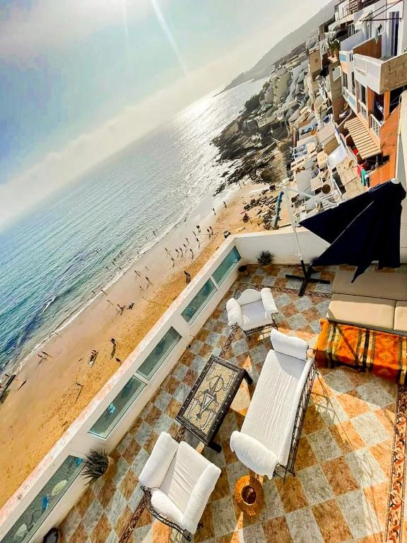 Main lounge and social area for guests at Mouja Taghazout surf camp.